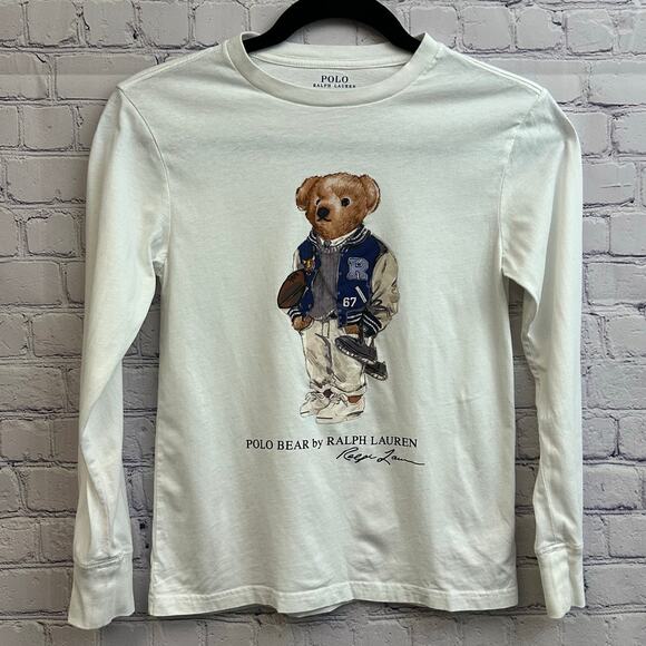 Polo Ralph Lauren Polo Bear Graphic Tee White Long Sleeve Shirt Boys Small *FLAW - Picture 1 of 7